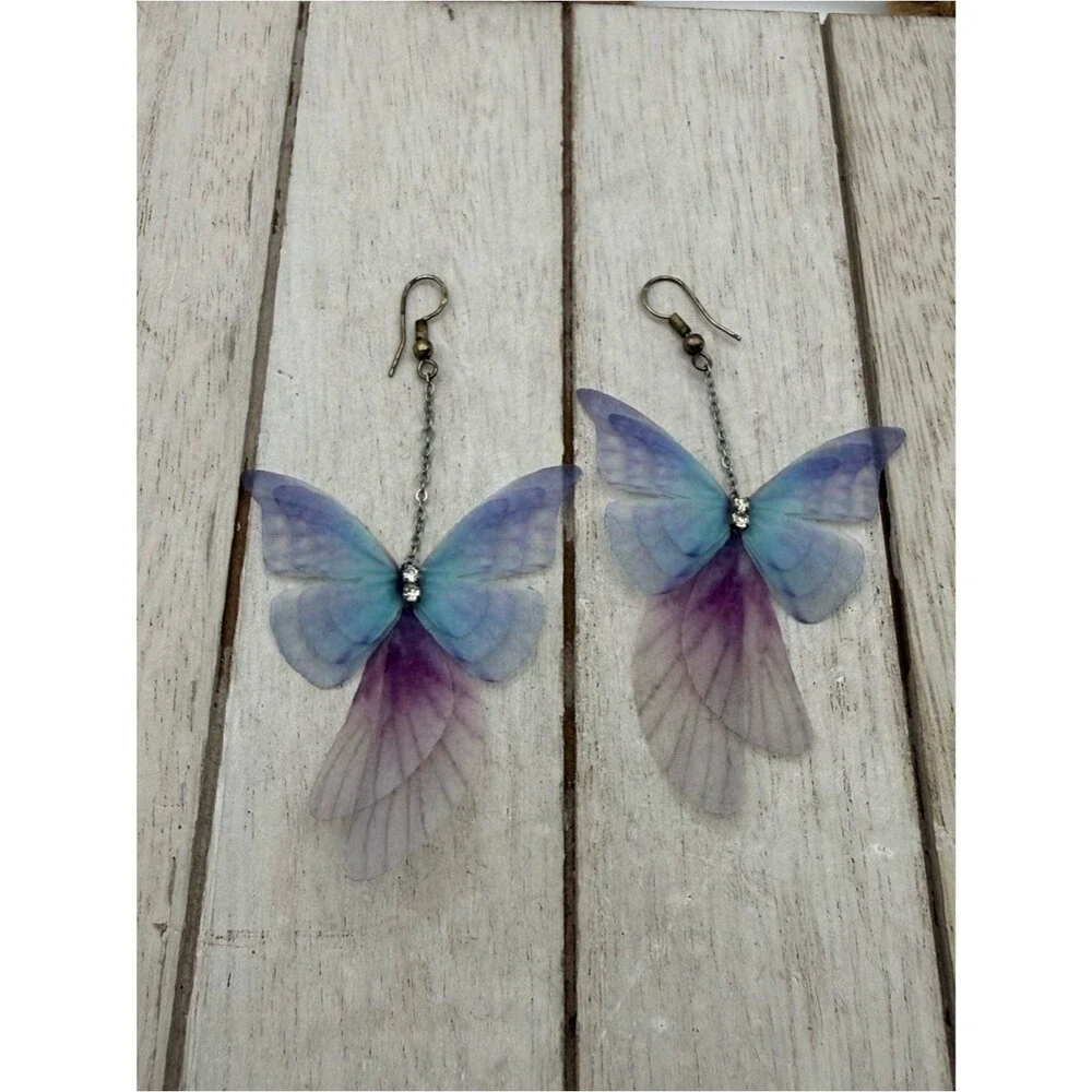 Delicate Butterfly cloth Drop Earrings in Blue & Purple